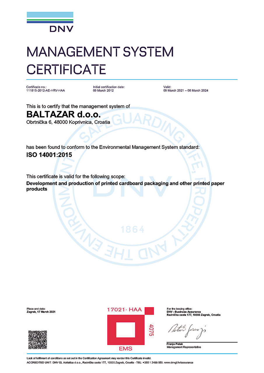 Management System Certificate ISO 14001:2015