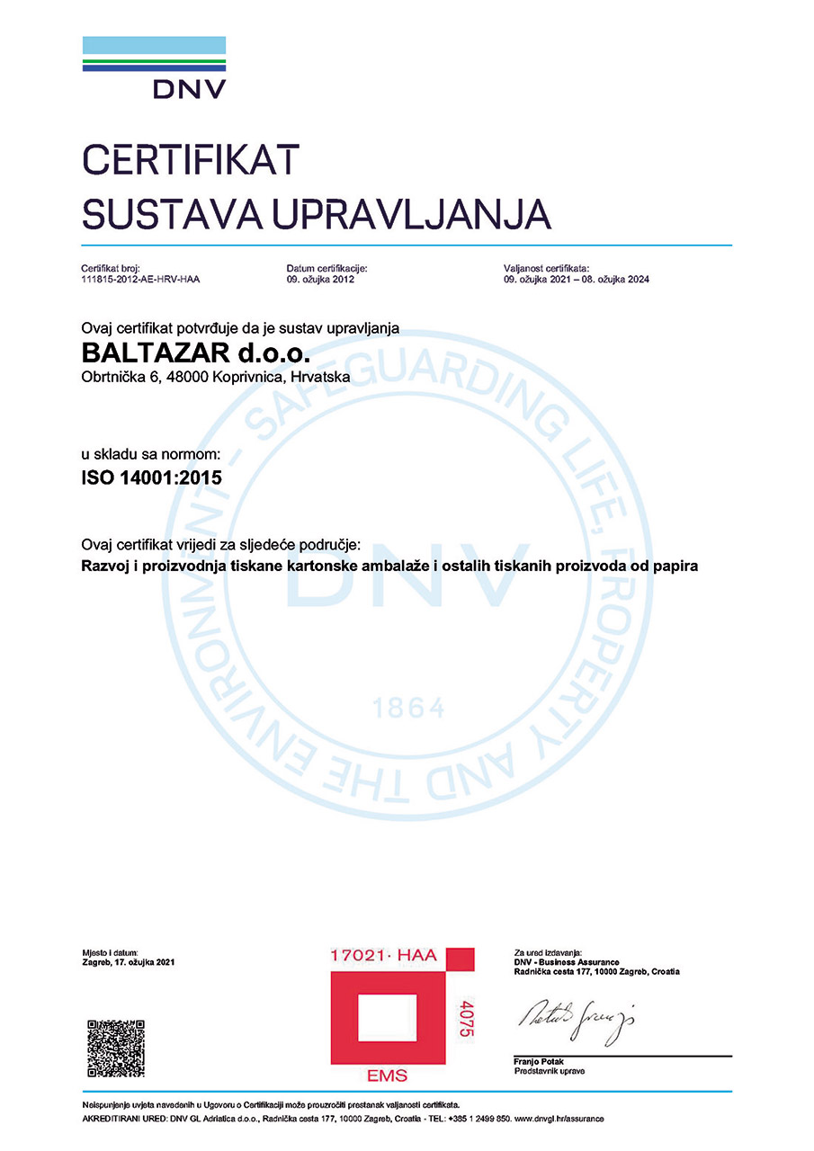 Certifikat sustava upravljanja ISO 14001:2015