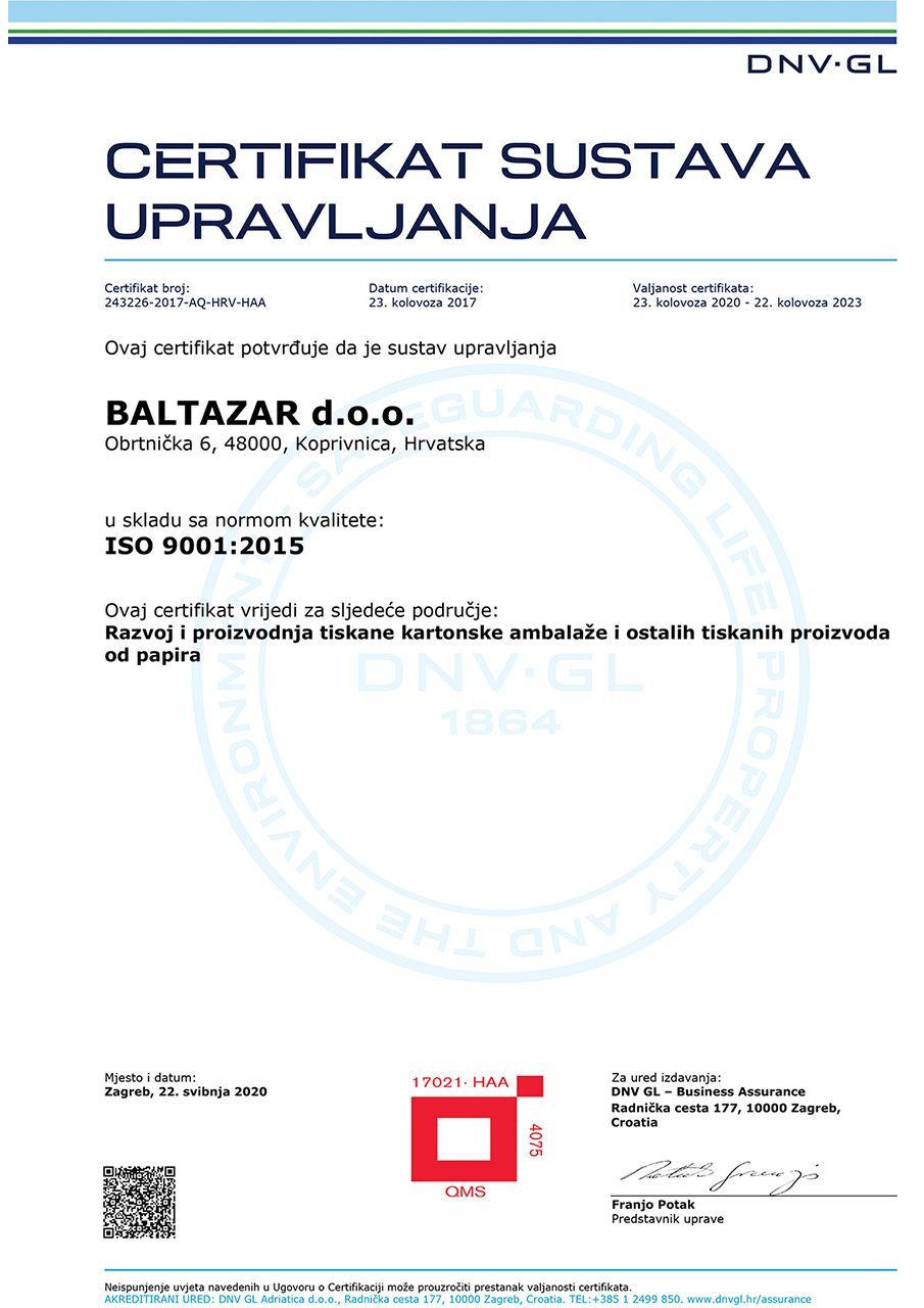 Certifikat sustava upravljanja ISO 9001:2015