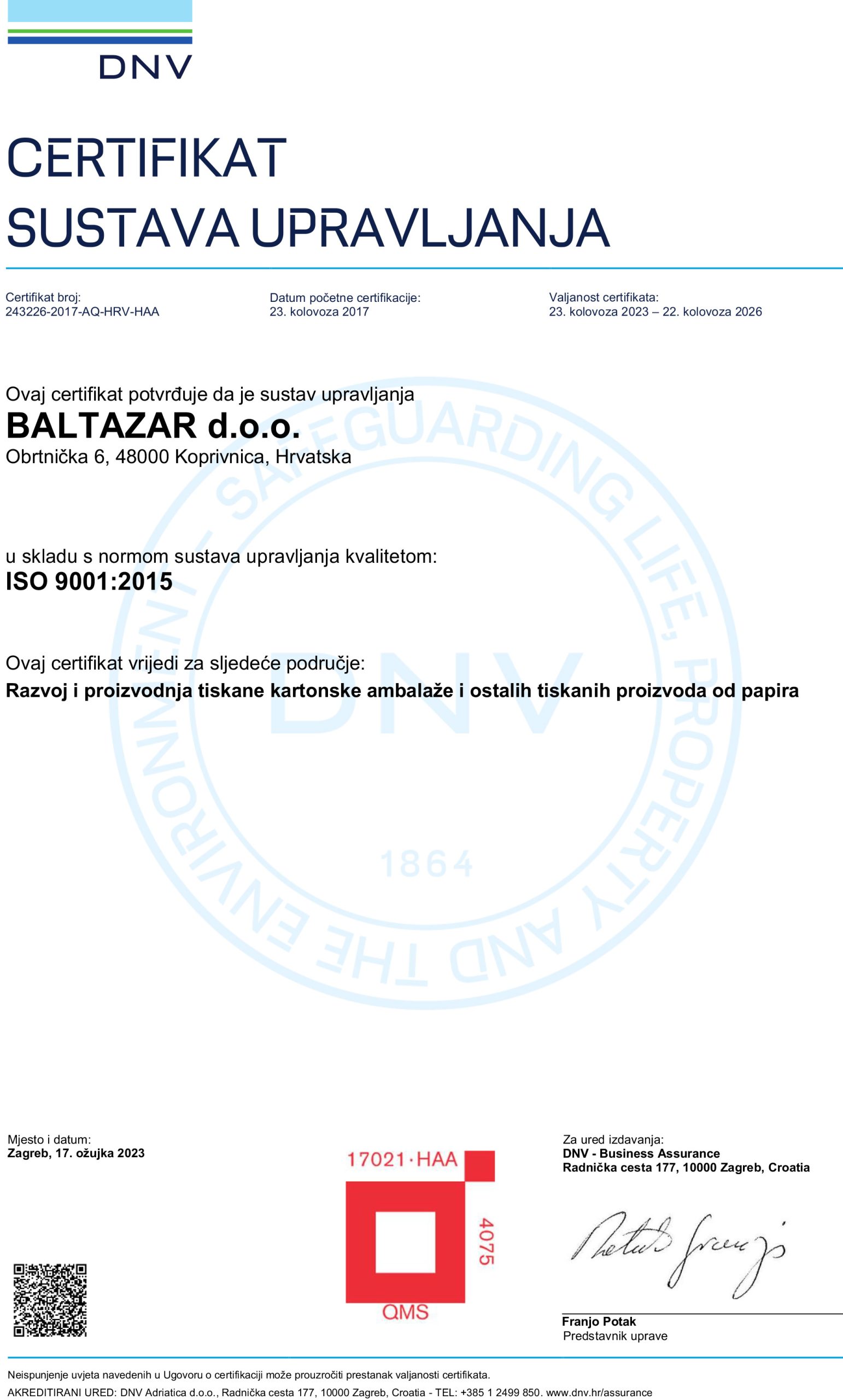 Certifikat sustava upravljanja ISO 9001:2015