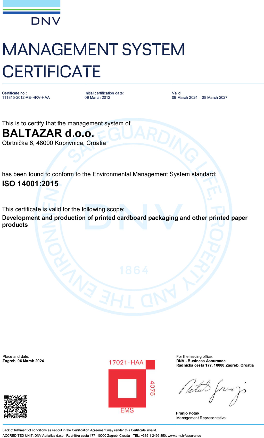 Management System Certificate ISO 14001:2015