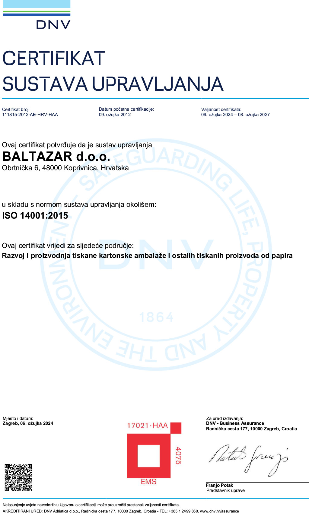 Certifikat sustava upravljanja ISO 14001